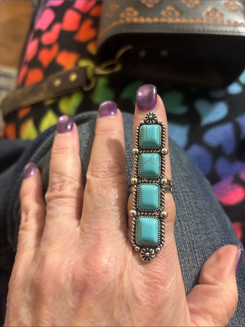 Turquoise Four-Stone Sterling-Style Long Ring - Blue Turquoise